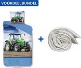 Dekbedovertrek voor Kinderen - Eenpersoons - 140x200/220cm - Inclusief 1 Kussensloop - 100% Versterkt Katoen - Strong Groen - Traktor + Wasbaar Microfiber Dekbed - 140x200cm - Wit