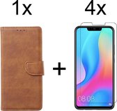 Huawei P Smart 2018 hoesje bookcase bruin wallet case portemonnee hoes cover hoesjes - 4x Huawei P Smart 2018 screenprotector