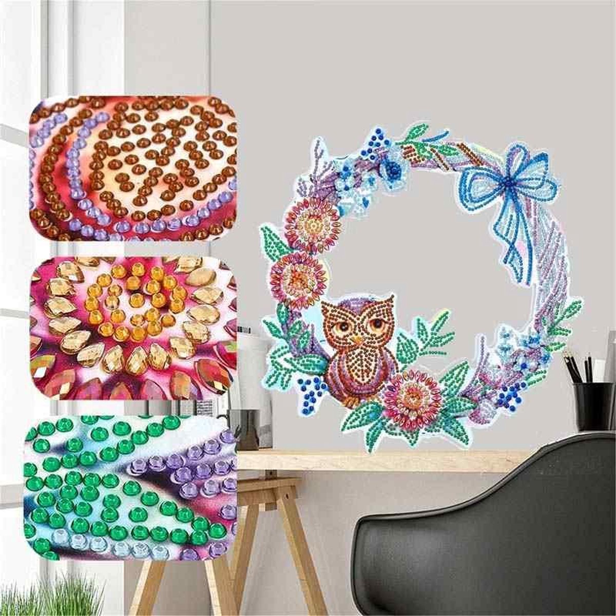 Diamond painting Kunststof krans 30x30 cm - Uil