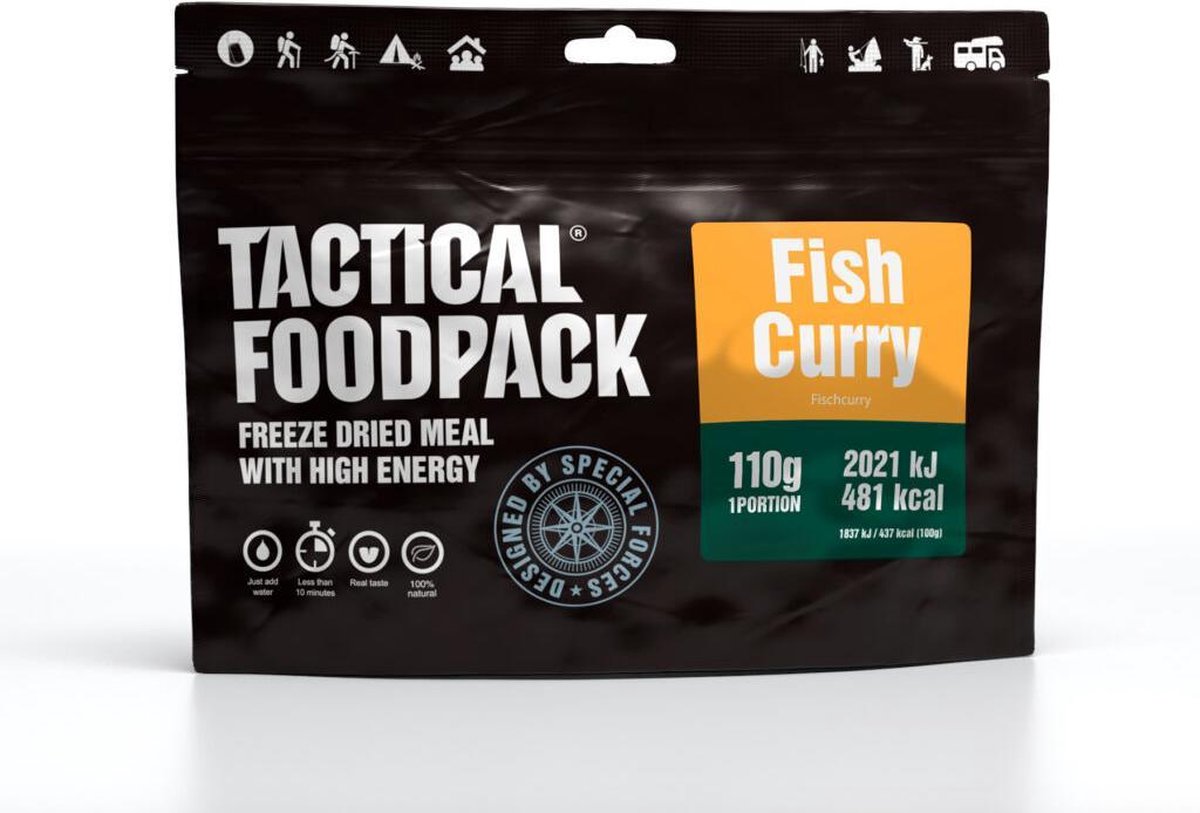 Tactical FoodPack Fish Curry and Rice (110g) - vis en rijst curry - 481kcal - buitensportvoeding - vriesdroogmaaltijd - survival eten - prepper - 8 jaar houdbaar - lunch of avondmaaltijd