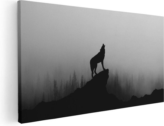 Artaza Canvas Schilderij Silhouet Van Een Huilende Wolf - Abstract - 120x60 - Groot - Foto Op Canvas - Canvas Print