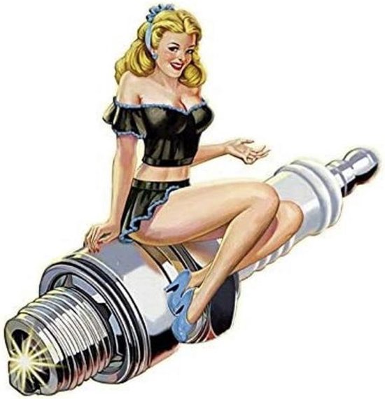 Pinup Black Dress On Sparkplug Metalen Bord 43 x 44 cm