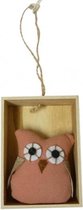 hangfiguur uil 27 cm hout/textiel roze/blank