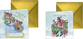 Kerstkaarten - cadeautjes - arrenslee - kerstwens - gouden envelop - feestdagenkaarten - 10 st - kerstkaarten met enveloppen