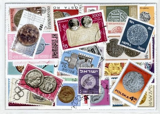Thumbnail van een extra afbeelding van het spel Munten – Luxe postzegel pakket (A6 formaat) : collectie van 50 verschillende postzegels van munten – kan als ansichtkaart in een A6 envelop - authentiek cadeau - kado - geschenk - kaart - verzameling - munt - coin - importa - collectie - valuta