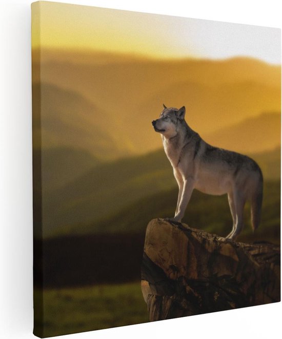 Artaza Canvas Schilderij Wolf Op Een Rots Met Een Heuvel Landschap - 60x60 - Foto Op Canvas - Canvas Print