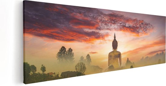Artaza Canvas Schilderij Boeddha Beeld In De Mist - 120x40 - Groot - Foto Op Canvas - Canvas Print