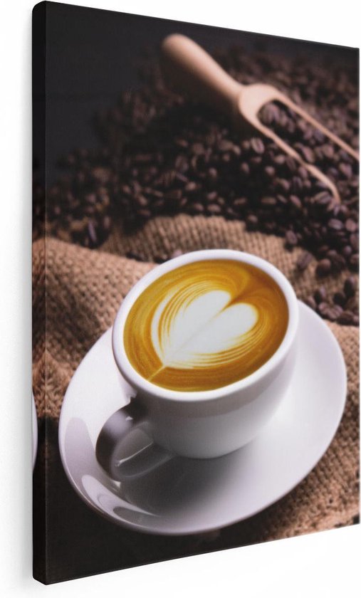 Artaza - Peinture sur toile - Tasse de Café dans un coeur avec des grains de Grains de café - 60x80 - Photo sur toile - Impression sur toile