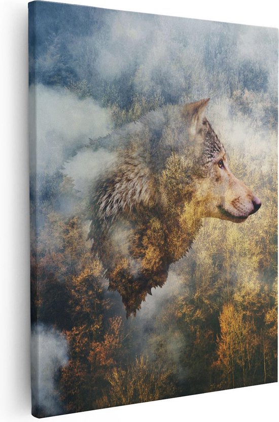 Artaza Canvas Schilderij Wolvenkop Op Een Herfstbos - Wolf - Abstract - 40x50 - Foto Op Canvas - Canvas Print