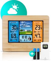 Clockity Weerstation binnen en buiten - Weerstation - Compact - Houten frame - Weerstation met buitensensor - Tijd en Alarm functie - Weerstation draadloos binnen buiten - Inclusie