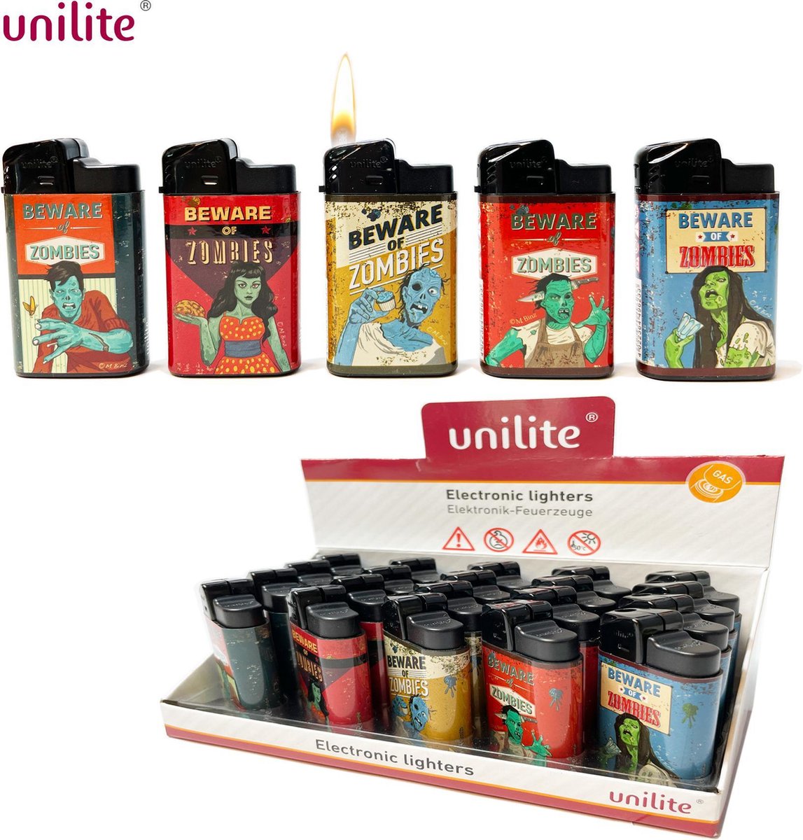 Goedkoopste Unilite klik aanstekers - electronisch aansteker- navulbaar - 20 stuks in een display - Zombie print