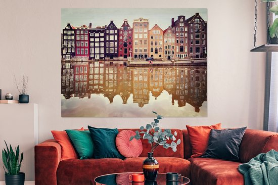 Réflexion des façades typiques dans l'eau en toile 180x120 cm - Tirage photo sur toile peinture Décoration murale salon / chambre à coucher) / Villes toile Peintures XXL / Groot format!