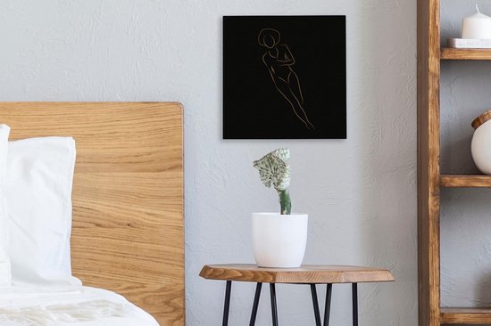Canvas schilderij 20x20 cm - Wanddecoratie Vrouw - Gold - Black - Line art - Muurdecoratie woonkamer - Slaapkamer decoratie - Kamer accessoires - Schilderijen op canvas