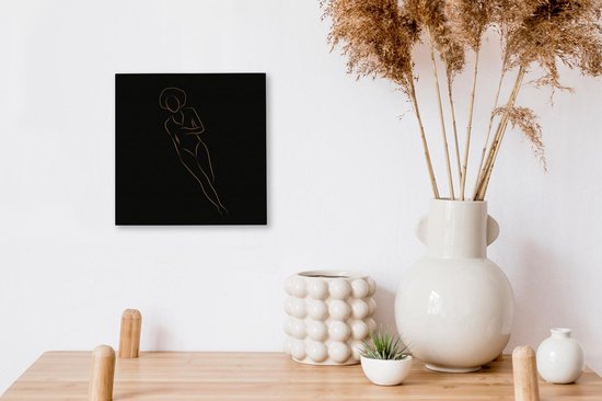 Canvas schilderij 20x20 cm - Wanddecoratie Vrouw - Gold - Black - Line art - Muurdecoratie woonkamer - Slaapkamer decoratie - Kamer accessoires - Schilderijen op canvas