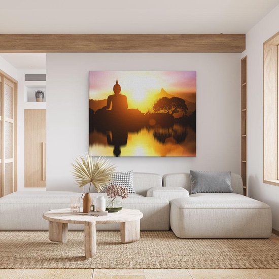 Artaza Canvas Schilderij Silhouet Van Boeddha Beeld Met Zonsondergang - 100x80 - Groot - Foto Op Canvas - Canvas Print