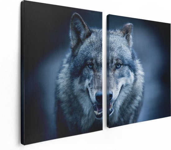 Artaza Canvas Schilderij Tweeluik Wolvenkop Met Blauwe Ogen - Wolf - 120x80 - Foto Op Canvas - Canvas Print