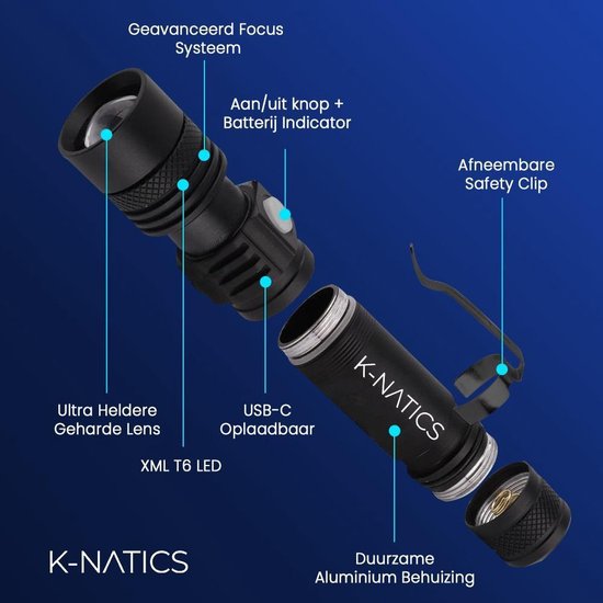 K-NATICS LITE Militaire LED Zaklamp - USB-C Oplaadbaar - 1500 lumen - 2200mAh Batterij - Zoomfunctie - 2 Jaar Garantie! - K-natics