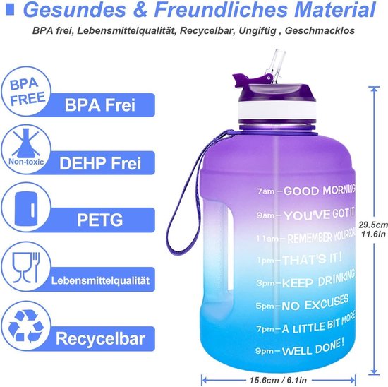 GEMFUL Gourde 2,2l Motivation Avec Poignée Sans BPA Pour Sport Fitness