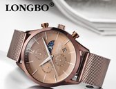 Longbo - Heren Horloge - Paars/Bruin/Rosé - 43mm