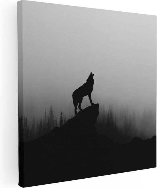 Artaza Canvas Schilderij Silhouet Van Een Huilende Wolf - Abstract - 80x80 - Groot - Foto Op Canvas - Canvas Print