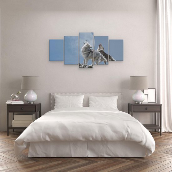 Artaza Toile Peinture Pentaptyque Deux Loups Hurlant Pendant La Pleine Lune - 100x50 - Photo Sur Toile - Impression Sur Toile