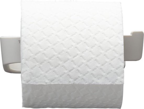 Witte wc-rolhouder met een wit geruit wc-rolletje.