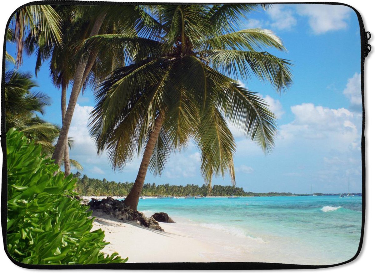 Laptophoes 14 inch - Palmboom - Zee - Tropisch - Laptop sleeve - Binnenmaat 33x23 cm - Zwarte achterkant
