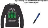Minecraft T-shirt Longsleeve - Zwart. Maat 128 cm / 8 jaar + EXTRA 1 Stylus Pen