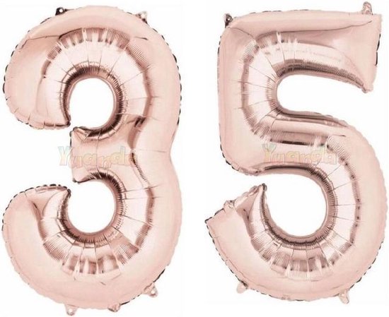 35 Jaar Folie Ballonnen Rosé Goud - Happy Birthday - Foil Balloon - Versiering - Verjaardag - Man / Vrouw - Feest - Inclusief Opblaas Stokje & Clip - XXL - 115 cm