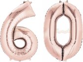 60 Jaar Folie Ballonnen Rosé Goud - Happy Birthday - Foil Balloon - Versiering - Verjaardag - Man / Vrouw - Feest - Inclusief Opblaas Stokje & Clip - XXL - 115 cm