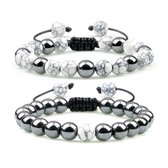 Sorprese - armband dames - kralen - rond - dubbel snoer - marmer look wit - zilver - verstelbaar - 17-27 cm - unisex - model H - Moederdag - Cadeau