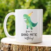 Dino-mite birthday  - Customized mokken en bekers - mokken met tekst - mokken - bekers - cadeautje - cadeau voor vrouw - cadeau vor man - keramiek servies - valentijn cadeautje voor haar - va