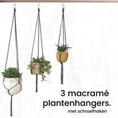 Bamboez - Macramé plantenhanger - Groen - ↕ 80-95-115 cm - Ø tot 10-18 cm - Set van 3 stuks - 100% Katoen - Inclusief witte schroefhaken - Handgemaakt in Nederland