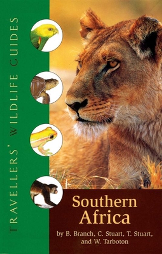 Boek "Southern Africa" met een leeuw op de voorgrond en afbeeldingen van een papegaai, schildpad, kikker en aap.