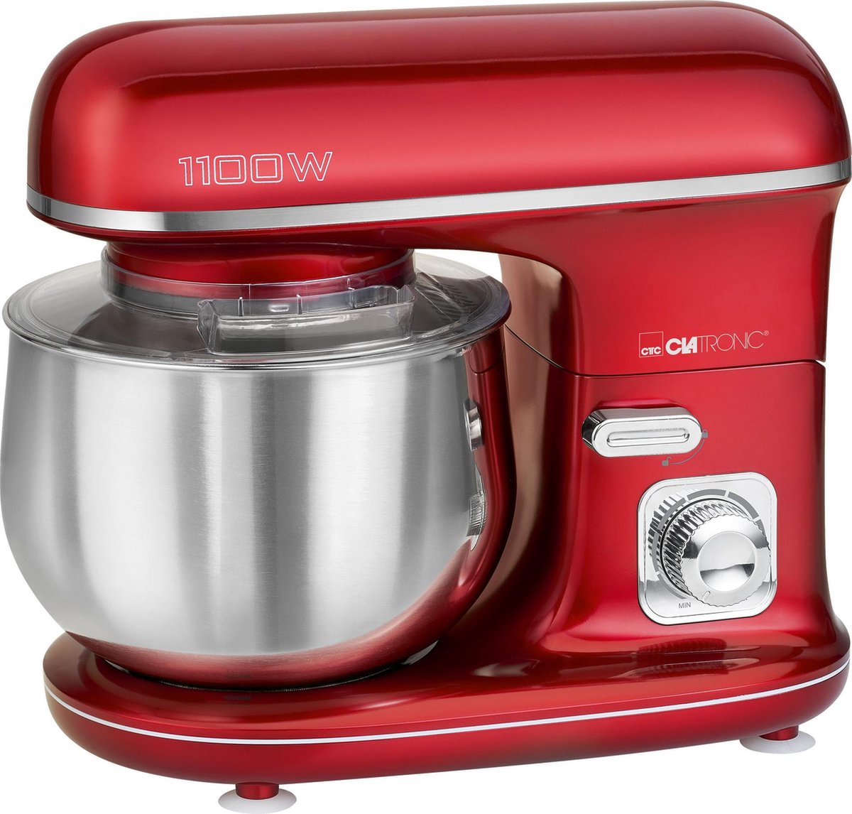 Clatronic KM 3712 krachtige kneedmachine incl. transparant spatdeksel met navulopening, 1100 watt, 5 liter, draaibare multifunctionele arm, rood