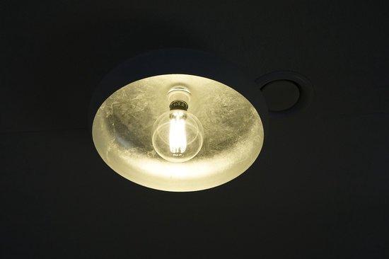 Een plafondlamp met een witte kap en een gloeilamp met zichtbare filamenten.