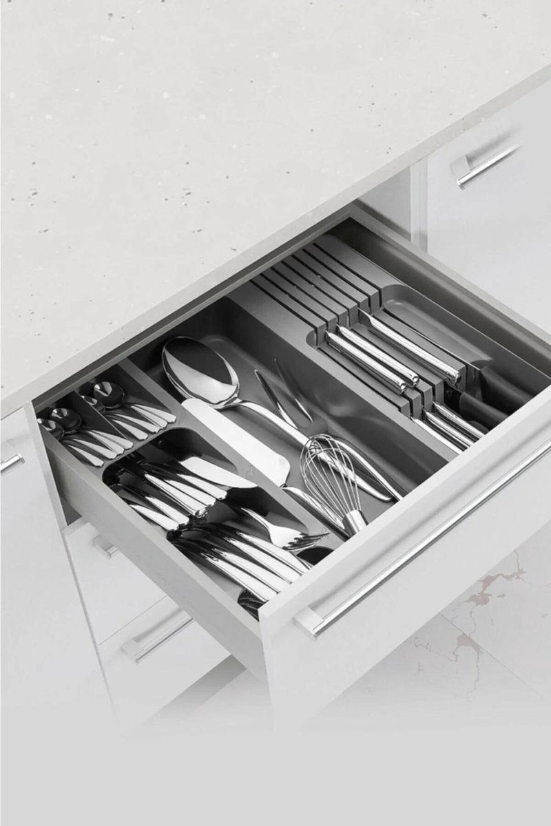 Euqvunn Multidirectionele Uitbreidbare Besteklade Organizer, Bestek Tray met 4-7 Compartimenten, Ideaal voor het Opslaan van Bestek en Keukengerei in de Keukenkast