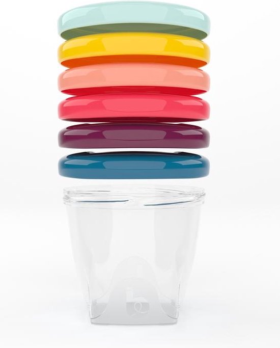 Stapel van zes gekleurde deksels (lichtblauw, geel, zalm, roze, paars, blauw) boven een transparante pot.