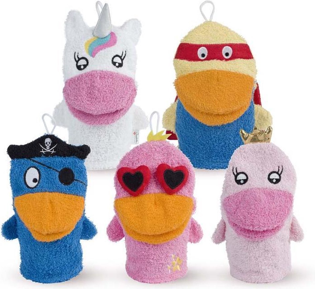 SET 5 WASHANDJES VOOR KINDEREN - 100% Katoen - Prinses, piraat, eenhoorn, superheld, instafamous