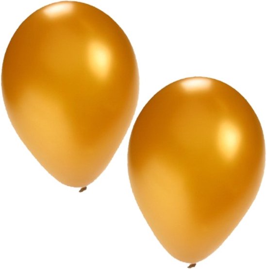 Twee glanzende, ronde, goudkleurige ballonnen tegen een witte achtergrond.