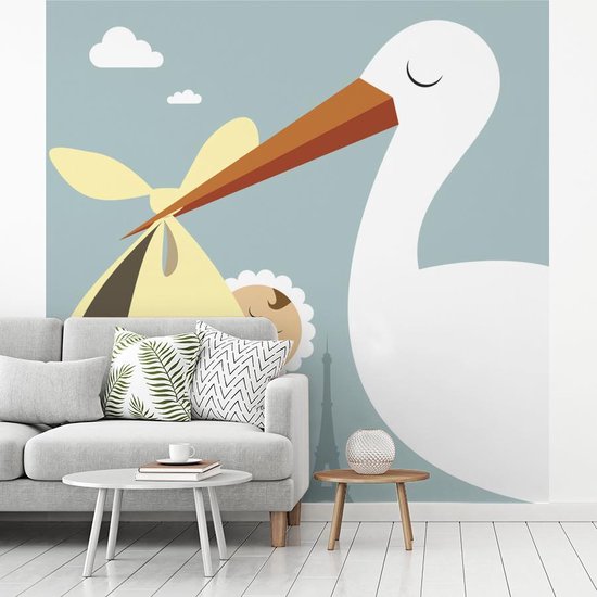 Snazzy ZuidAmerika belasting Behang - Fotobehang Illustratie van een ooievaar met een baby - Breedte 280  cm x... | bol.com
