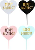 Taarttopper Happy Birthday - Taart Decoratie - Cake Topper - Verjaardag - 4 Kleuren Set - Hartjes
