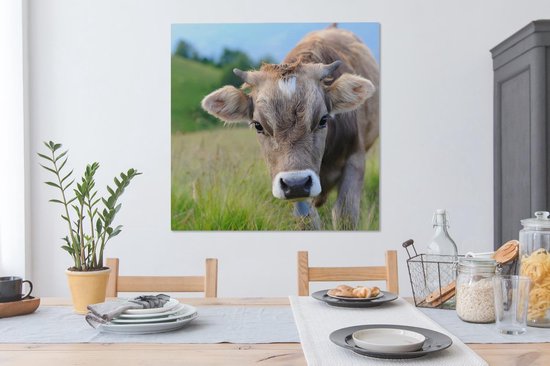 Tableau Peinture Vache - Animaux - Marron - Herbe - 90x90 cm - Décoration murale