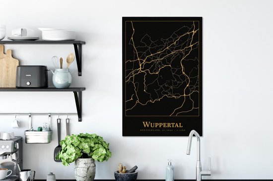 Canvas Schilderij Kaart - Wuppertal - Goud - Zwart - 60x90 cm - Wanddecoratie