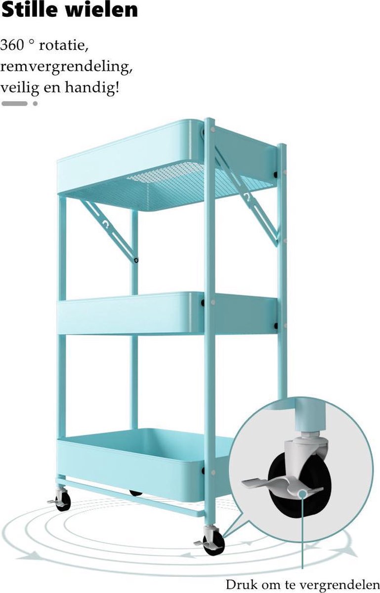 Chariot De Cuisine Pliable Multifonction En Métal Blanc – 3 Étagères, Paniers, 4 Roulettes Avec Frein, Gain De Place Idéal
