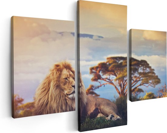 Artaza Canvas Schilderij Drieluik Leeuw Tijdens Zonsondergang - 90x60 - Foto Op Canvas - Canvas Print