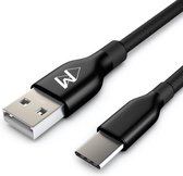 USB-C Data- en Laadkabel - 2.4A Snellader Kabel - Fast en Quick Charge Oplaadkabel - Type C Naar USB-A - Oplaadsnoer Telefoon - Gevlochten Nylon – Zwart – 2 Meter - Wilsem ®