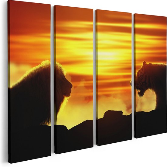 Artaza Canvas Schilderij Vierluik Leeuw En Tijger - Silhouet - Zonsopkomst - 80x60 - Foto Op Canvas - Canvas Print