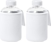 4x Stuks glazen waterfles/drinkfles met witte softshell bescherm hoes 600 ml - Sportfles - Bidon
