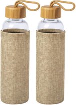 4x Stuks glazen waterfles/drinkfles met naturel bamboe houten bescherm hoes 550 ml - Sportfles - Bidon
